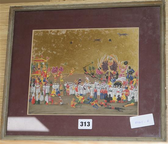 19th century Indian School, gouache on mica, battle between devils and a multi-armed deity, 20 x 25cm